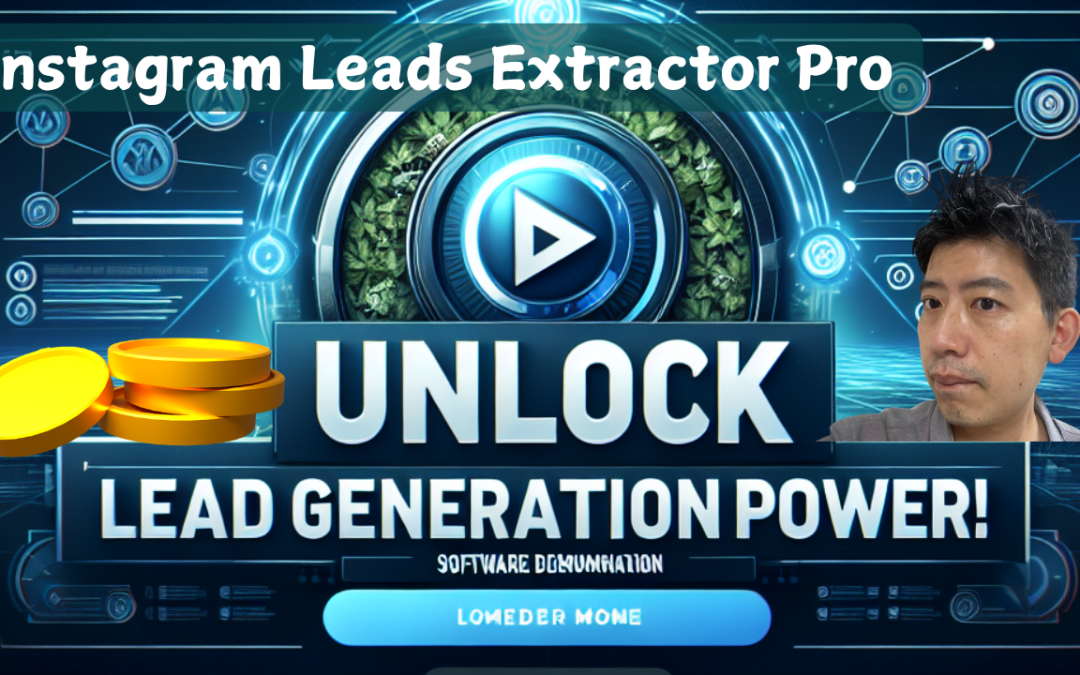 「Instagram Leads Extractor Pro」的宣傳圖片，帶有未來派圖形、播放按鈕、金幣和男人的臉。文字內容為“解鎖 Instagram 潛在客戶生成的力量：全面練習及其關鍵功能”，以獲得最終的潛在客戶生成力量！軟體文件。